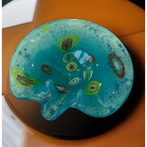 Vtg Murano Italian Art Blown Glass Turquoise Wave Edged Bowl Heavy